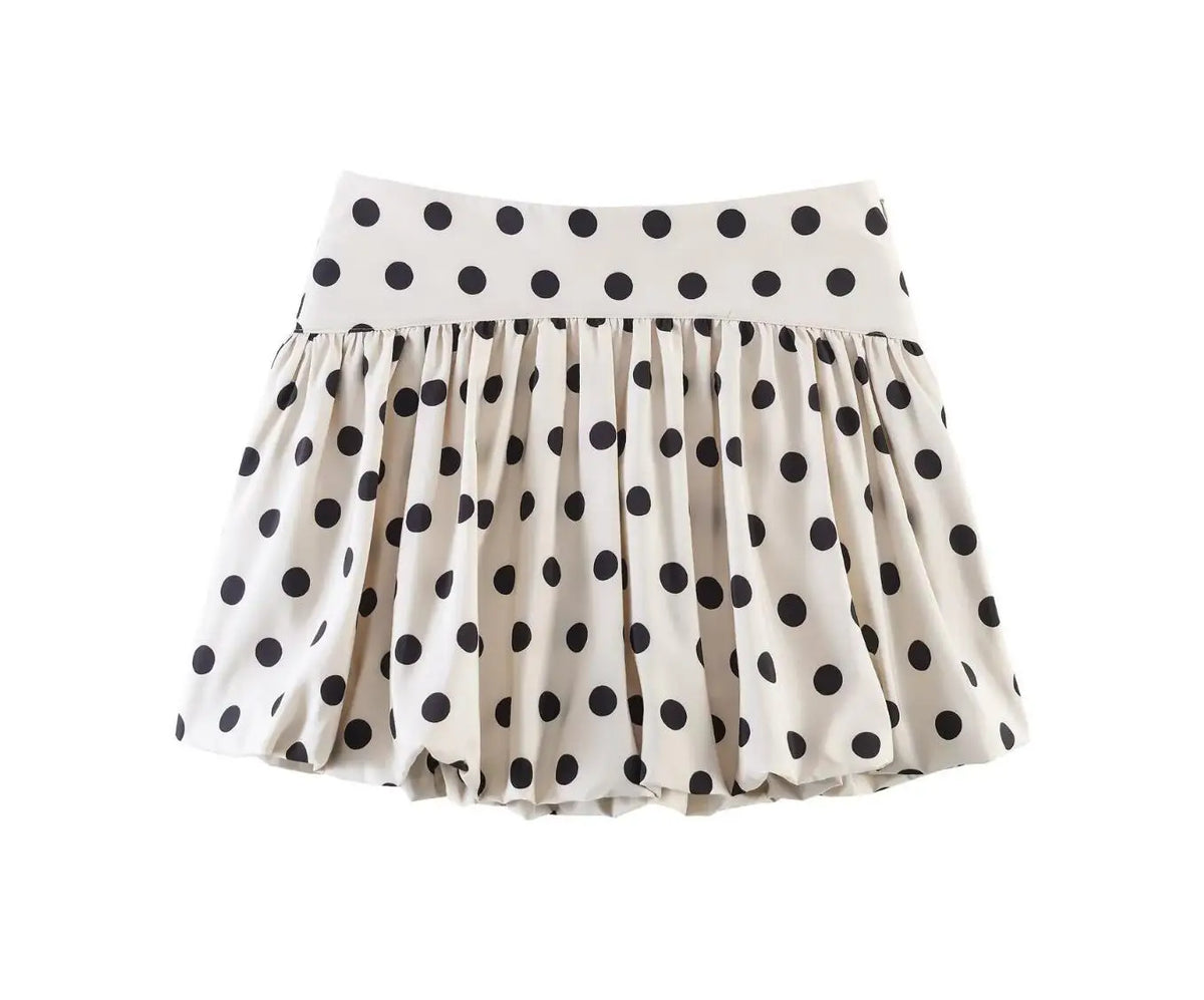 LIZAKOSHT  -  Summer Sweet Apricot Polka Dot Print Mini BUD Skirt Women Side Zipper Ball Gown Ruhced Swing Skater Short Skirts Party Girl's