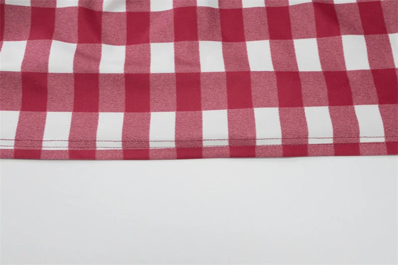LIZAKOSHT  -  Sexy Halter Plaid Print Mini Dress Off-shoulder Sleeveless Spaghetti Strap Backless High Waist Red A-line Holiday Dress