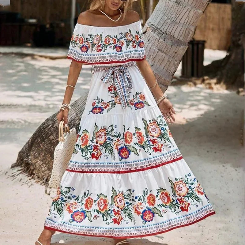 LIZAKOSHT  -  Spring And Summer New Women Clothing Party Dresses Off The Shoulder Fashion Printed Beach Vacation A-Line Long Dresses