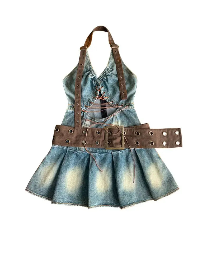 LIZAKOSHT  -  Dress Denim Hollow Strap Short Hot Girl American Niche Temperament Super Cool Niche Design Pleated Dress