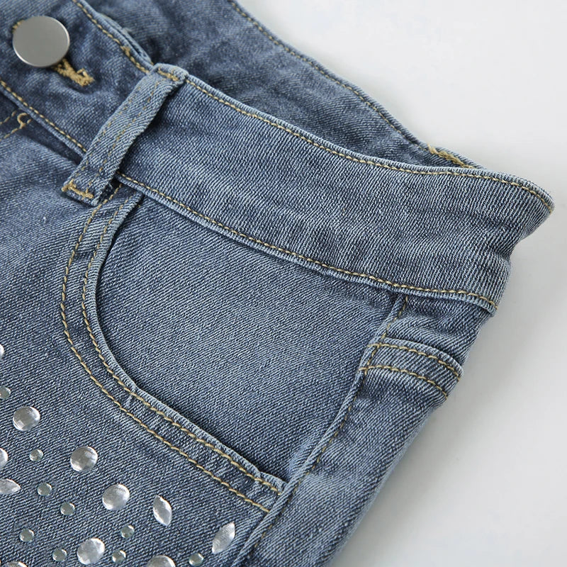 LIZAKOSHT  -  Rhinestone Detail Fashion Frayed Jeans Shorts Y2K Vintage Blue Summer Casual Stylish Women Denim Shorts Streetwear