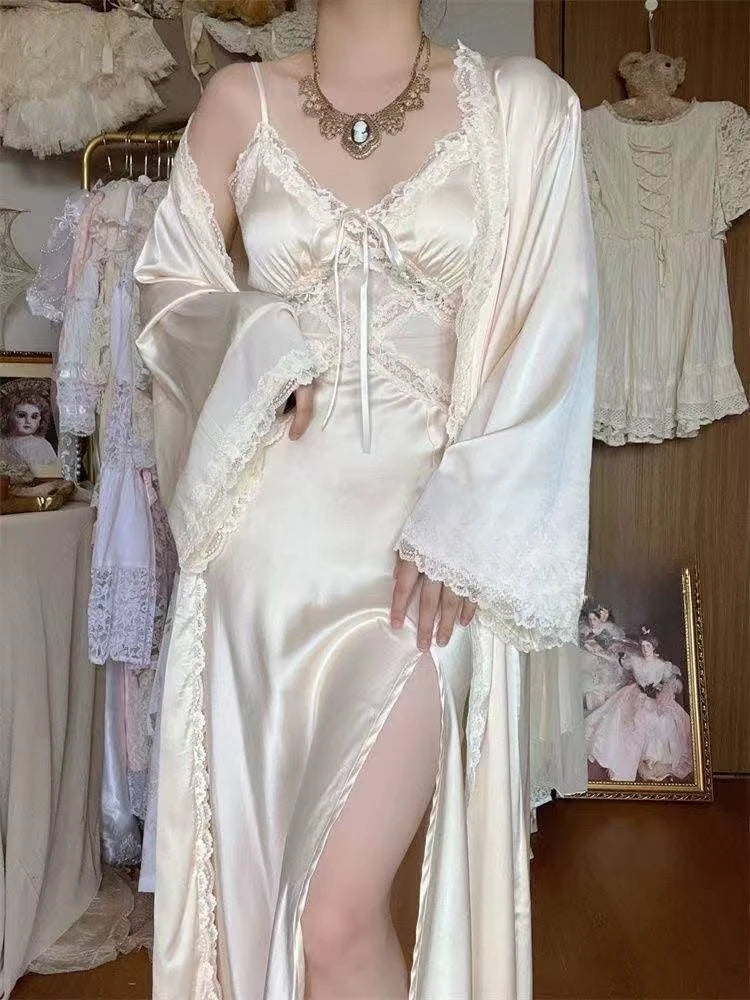 LIZAKOSHT  -  Elegant Women Suspender Nightgown Set with Thin Cardigan Soft Solid Color Homewear French Style Casual Daily Loungewear