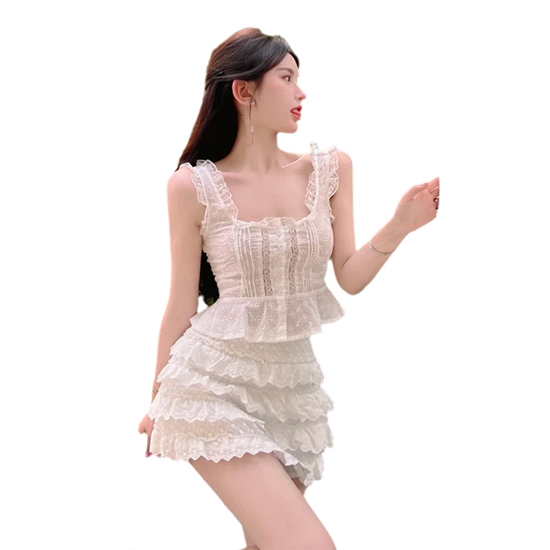 LIZAKOSHT  -  Summer Girl Sweet Fashion Two Piece Set Women Hotsweet Sexy Ruffles Tank Top + Skirt Sets Holiday Beach 2 Piece Suits