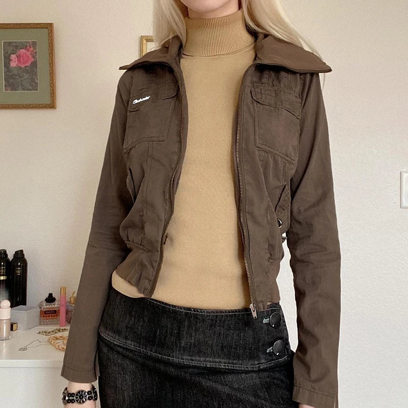 LIZAKOSHT  -  Streetwear Zipper Turn Down Collar Cargo Jackets For Women Multi Pockets Autumn Winter Outwear Y2K Coat Brown Vintage