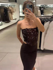 LIZAKOSHT  -  Sexy Sequin Patchwork Party Dress Brown Backless Sleeveless Tube Top Hollow Out Long Dresses 2025 Summer Solid High Street Robes
