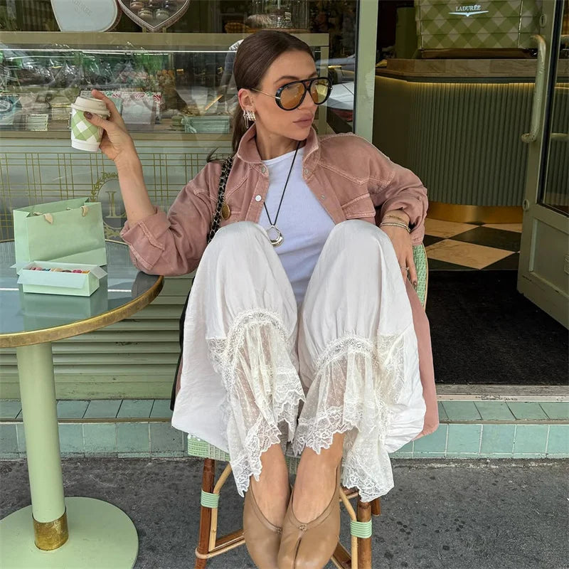 LIZAKOSHT  -  Autumn Lace Patchwork Casual Long Pants For Women Fashion Ruched Sexy Elastic Lace-up Loose Long Pants Female Outfits