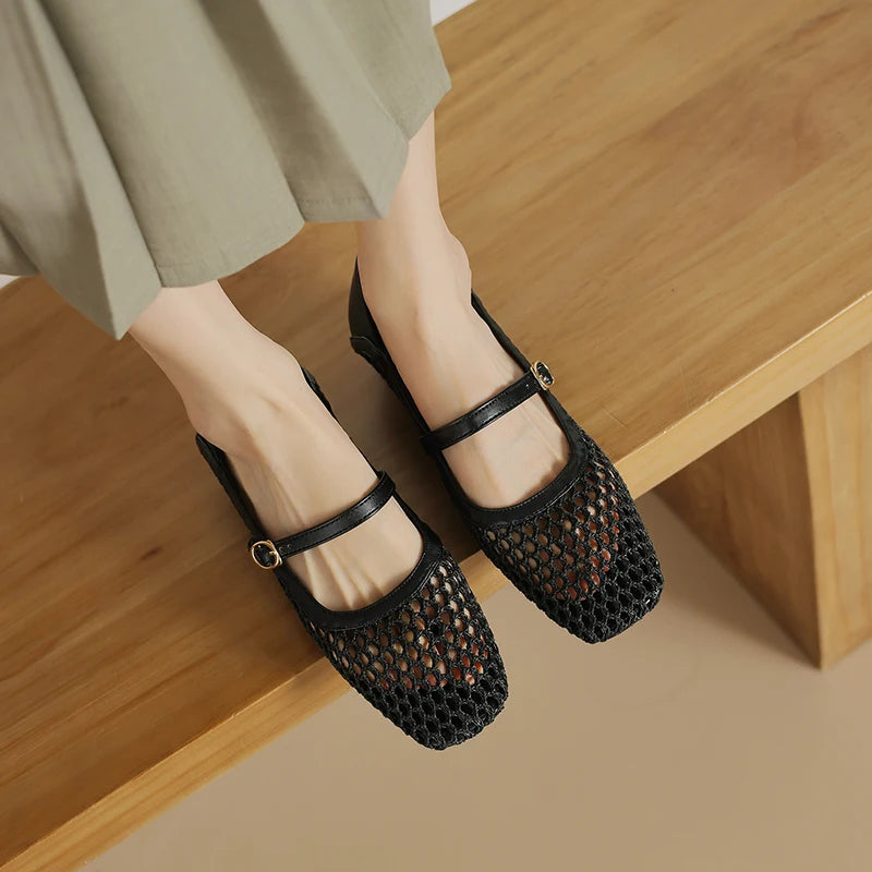 LIZAKOSHT  -  Black Beige Mesh Pumps Women's Summer Mary Janes Shoes 2.5cm Low Heels Comfy Square Toe Casual Footwear for Fat Feet