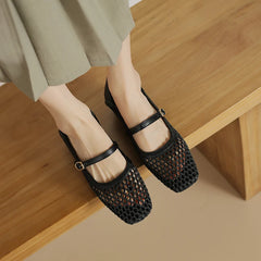 LIZAKOSHT  -  Black Beige Mesh Pumps Women's Summer Mary Janes Shoes 2.5cm Low Heels Comfy Square Toe Casual Footwear for Fat Feet