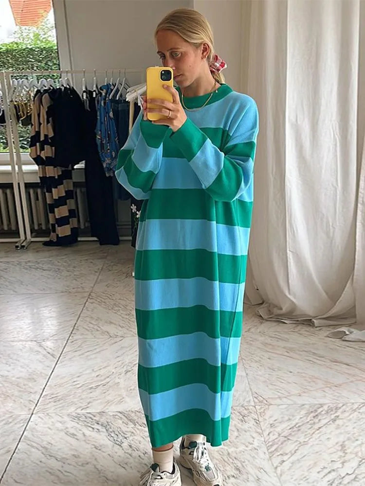 LIZAKOSHT Striped Contrast Color Female Knitted Dress O-neck Long Sleeved Loose Knit Robes New Sweet Casual Streetwear Maxi Dresses
