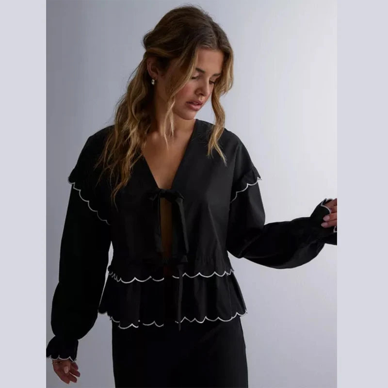 LIZAKOSHT  -  Casual Wave-edged Strap Blouse For Women V-neck Hollow Out Lace Up Ruffled Shirts Female Spring Summer New Chic Lady Tops