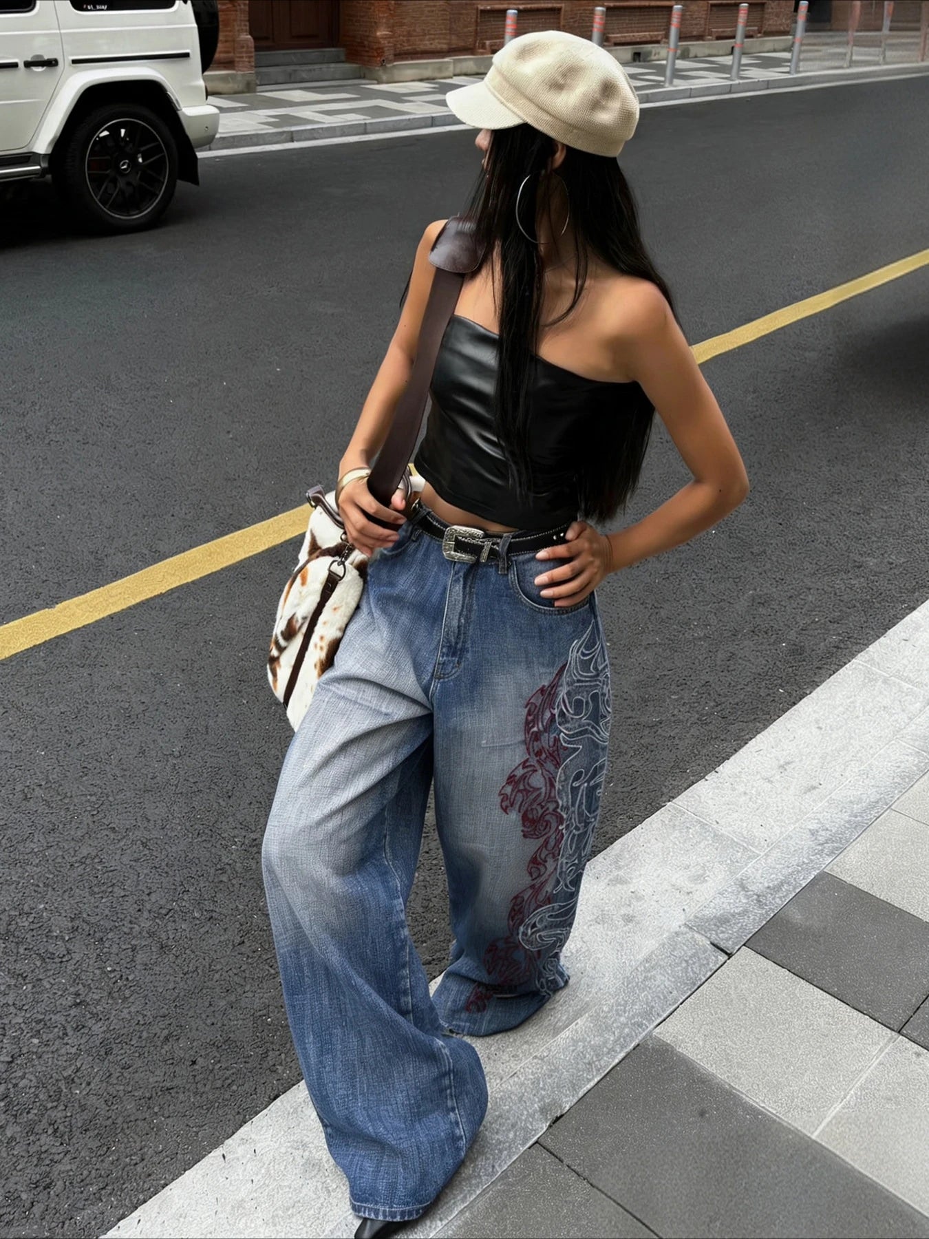 LIZAKOSHT  -  American Vintage Fashion Hot Girl Chic Jeans Women Loose Printed Straight Leg Denim Pants Slim Streetwear Trendy Long Trousers
