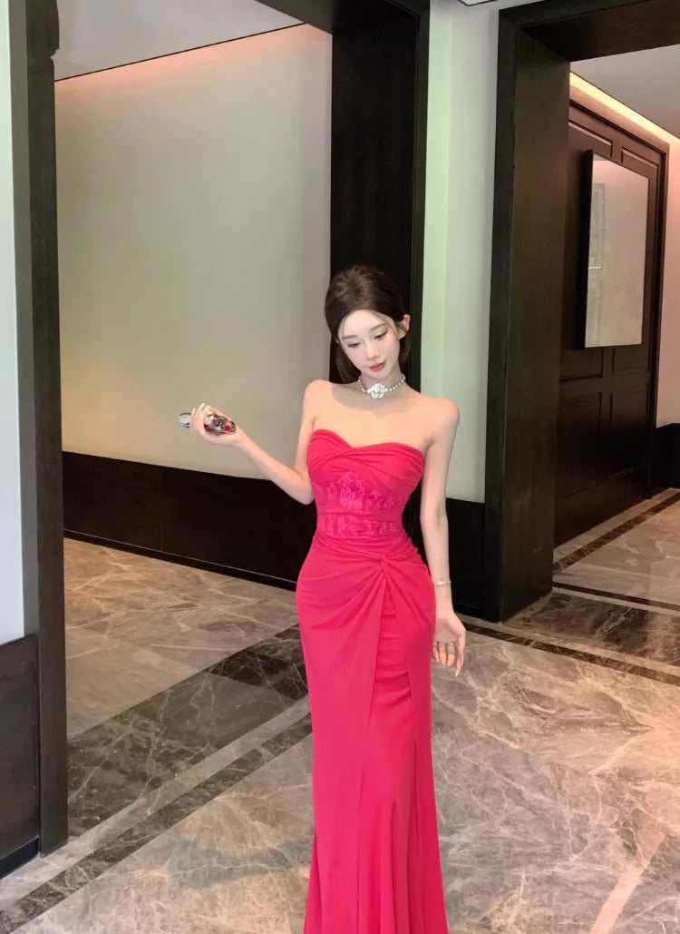 LIZAKOSHT  -  Dresses Women Sexy Lace Patchwork Strapless Slim Ruched Backless Temperament Cocktail Dress Party Female Fashion