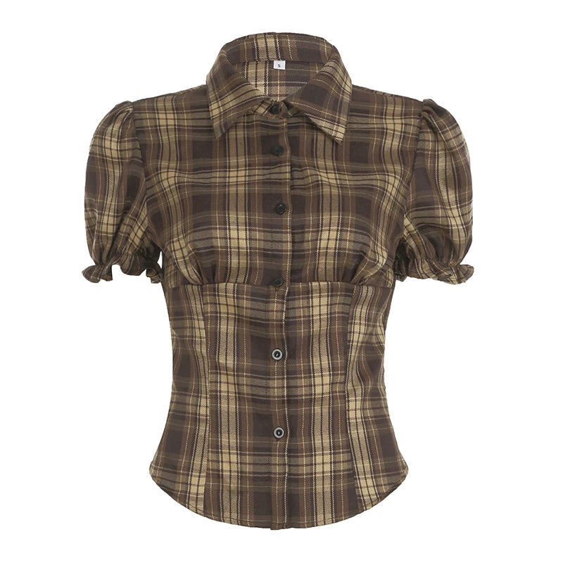 LIZAKOSHT  -  Back Shirred Plaid Blouse Brown French Style Turn-down Collar Single-breasted Shirts Vintage Puff Short Sleeve Tops