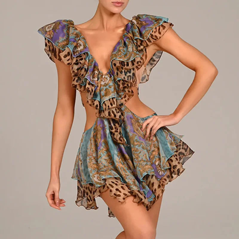 LIZAKOSHT  -  Chic Irregular Floral Print Female Short Dress Summer Double V Backless Mini Dress Women Sexy Waist Hollow Banquet Party Dress