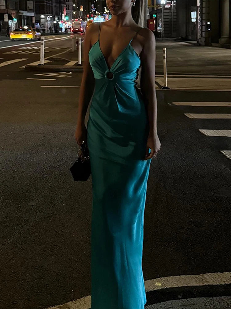LIZAKOSHT  -  Sexy Deep V-neck Women Hollow Out Sling Dress Fashion Sleeveless Backless Slim Maxi Dresses 2024 Lady Solid Party Evening Robes