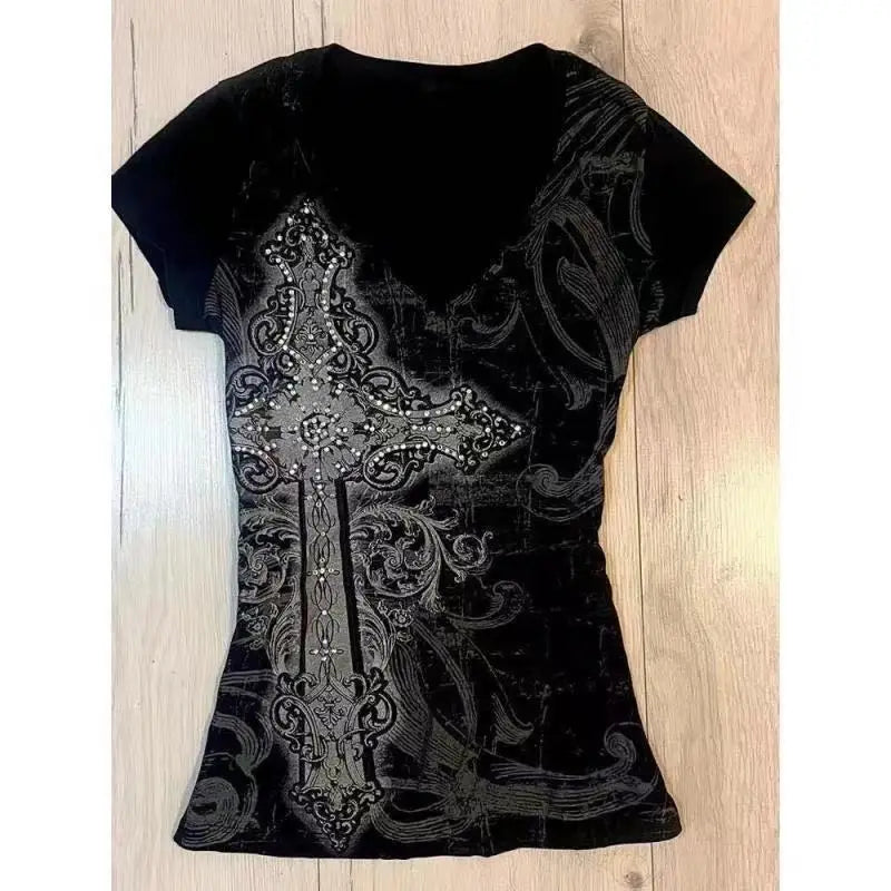 LIZAKOSHT  -  2000s Subculture Vintage Purple Print T-Shirt Women Y2k American Retro Slim Tees Summer 90s Grunge Casual Harajuku Fashion Tops