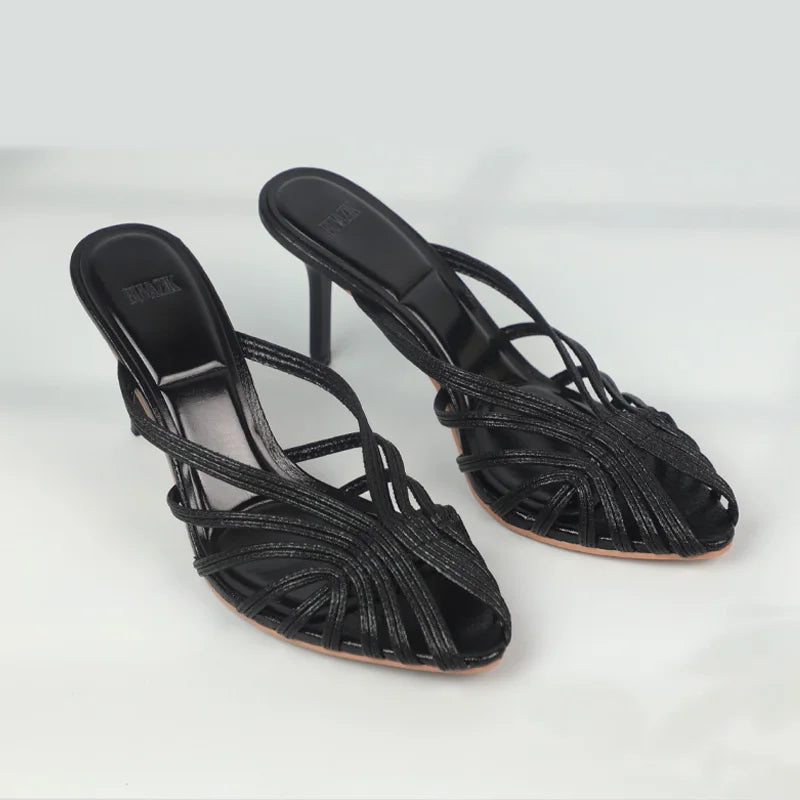 LIZAKOSHT  -  Summer Hollowed Out High Heels Mules Shoes for Women Luxury Golden Cross Woven Design Formal Party Brand Ladies Modern Sandals