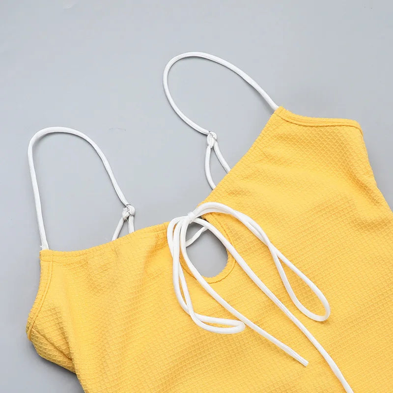 LIZAKOSHT  -  Knitted Sexy Backless Bandage Women Dress Yellow Spaghetti Strap Evening Dress Spring Slim Elegant Vacation Beachwear