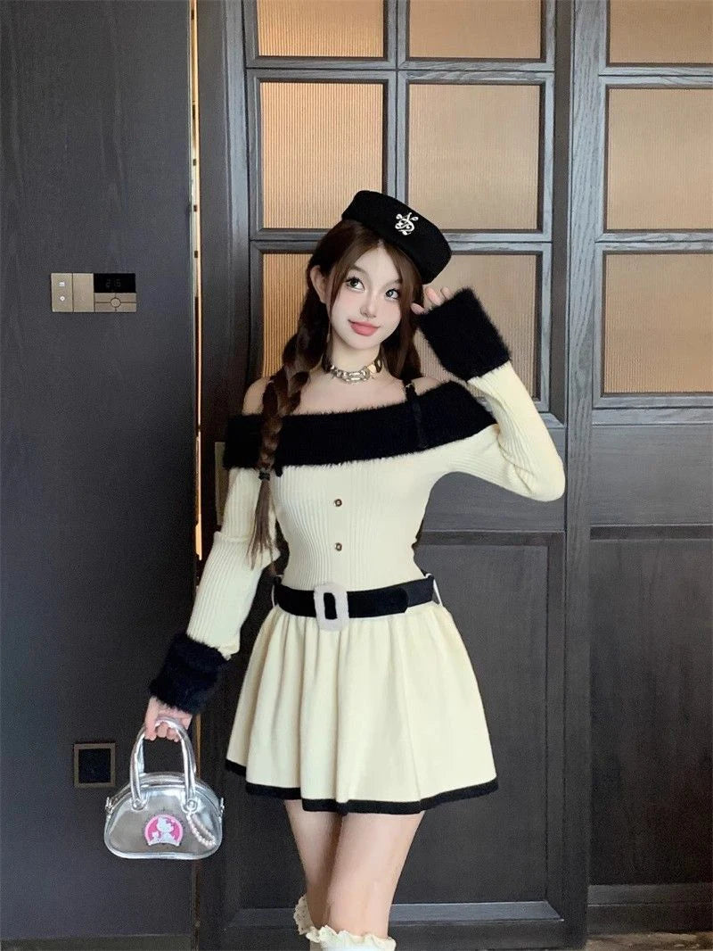 LIZAKOSHT  -  Women Knitted Mini Dress Autumn Hottie Slash Neck Patchwork Fashion Camisole Dresses Off Shoulder Belt Button Casual Vestidos