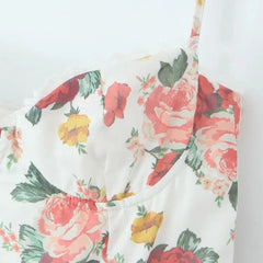 Sexy Flower Print Cotton Corset Style Sling Mini Dress Women Lace V Low Chest Ball Gown Swing Party Robe