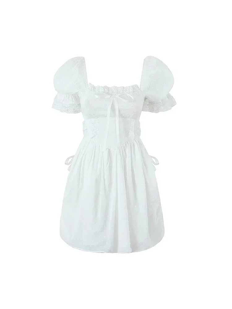 LIZAKOSHT White Sexy Tie Up Puff Sleeve Cotton Summer Women Dress Vintage Lace Dress Petite Beach Mini Backless Short Dress Vestido Mujer