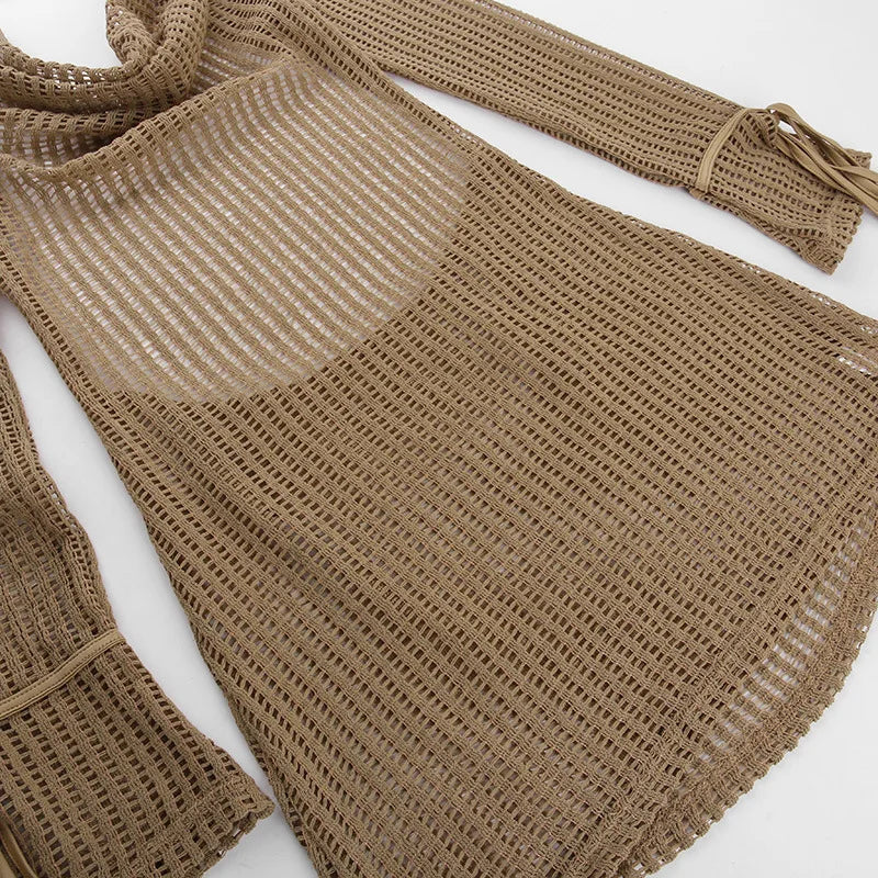 LIZAKOSHT  -  V Neck Backless Beach Mini Dress For Women Knitted Fishnet See Through  Long Sleeve Club Sexy Elastic Casual Party Vestidos