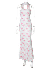 LIZAKOSHT  -  Elegant Floral Print Strapless Ribbon Sexy Bodycon Maxi Prom Dress Summer Women Clothes Birthday Party Festival
