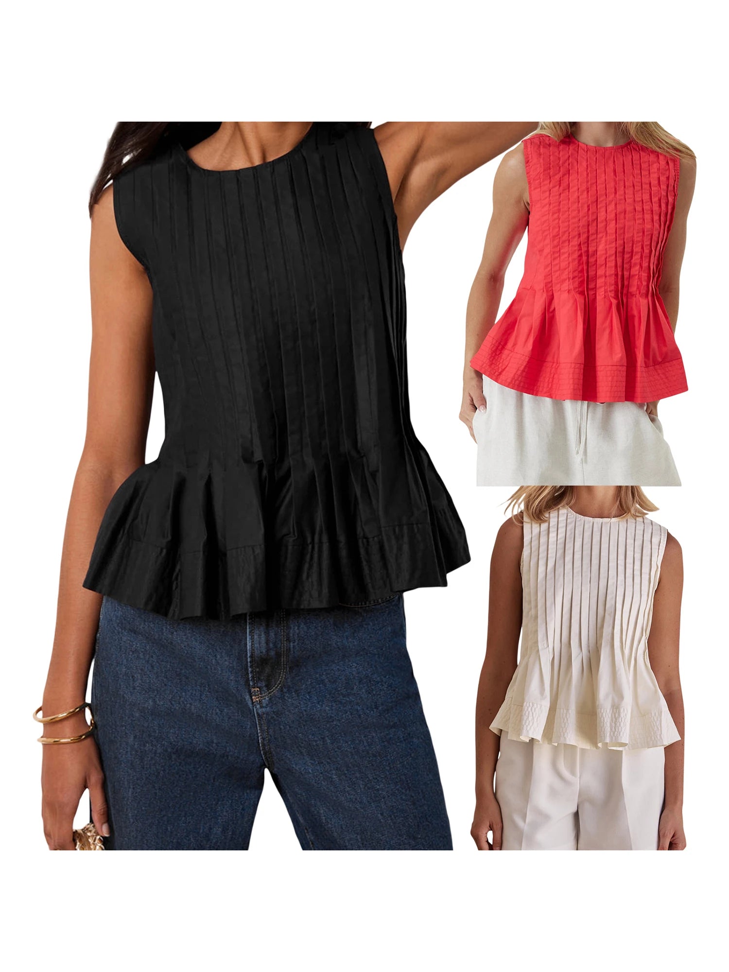 LIZAKOSHT  -  Women s Sleeveless Pleated Tank Top with Round Neck and Ruffled Hem - Solid Color Casual Summer Streetwear Shirt