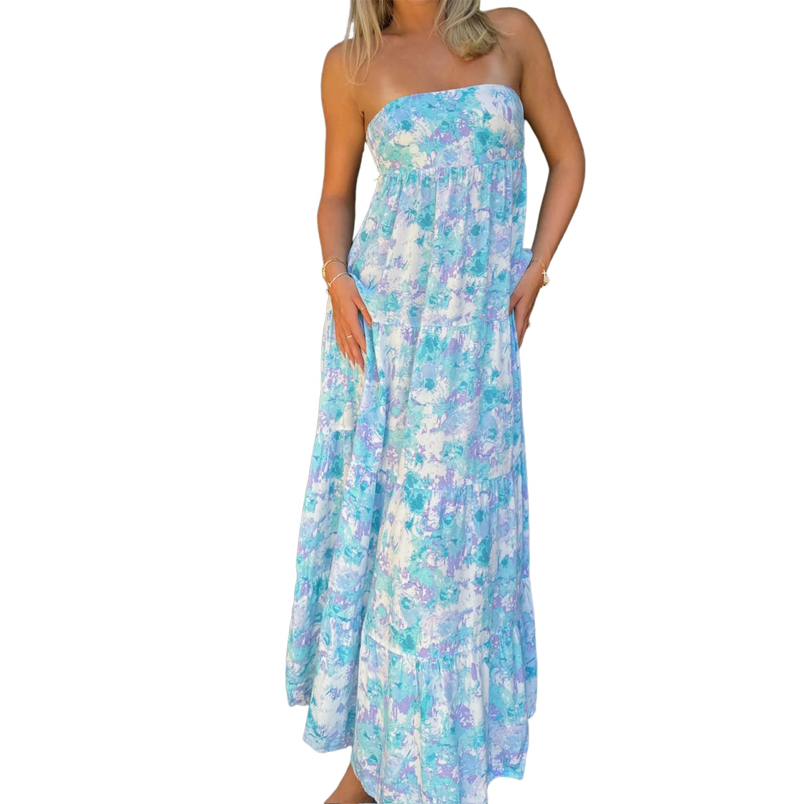 LIZAKOSHT  -  Elegant Off-Shoulder Maxi Dress with Boho Floral Print and Lace-Up Back Detail for Summer Wedding Party or Vacation Beachwear
