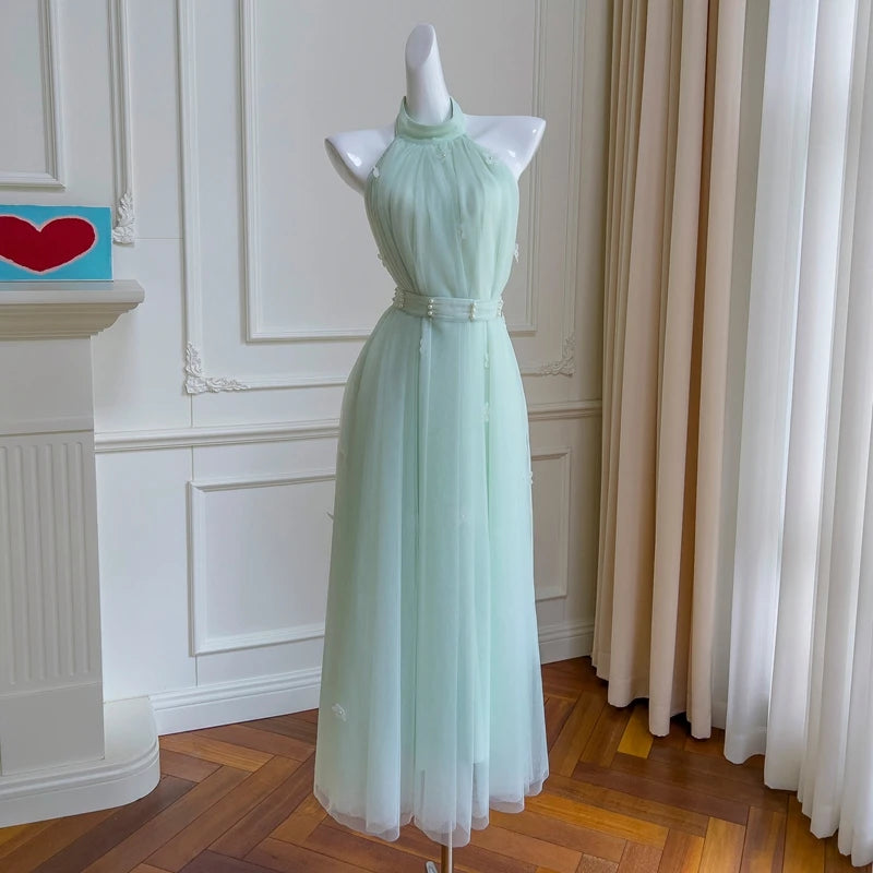 LIZAKOSHT -  Elegant Light Green Jewel  Halter Neck Waistband Sleeveless Prom Dress Off-shoulder Tulle Pearls Evening Party Gown for Holiday