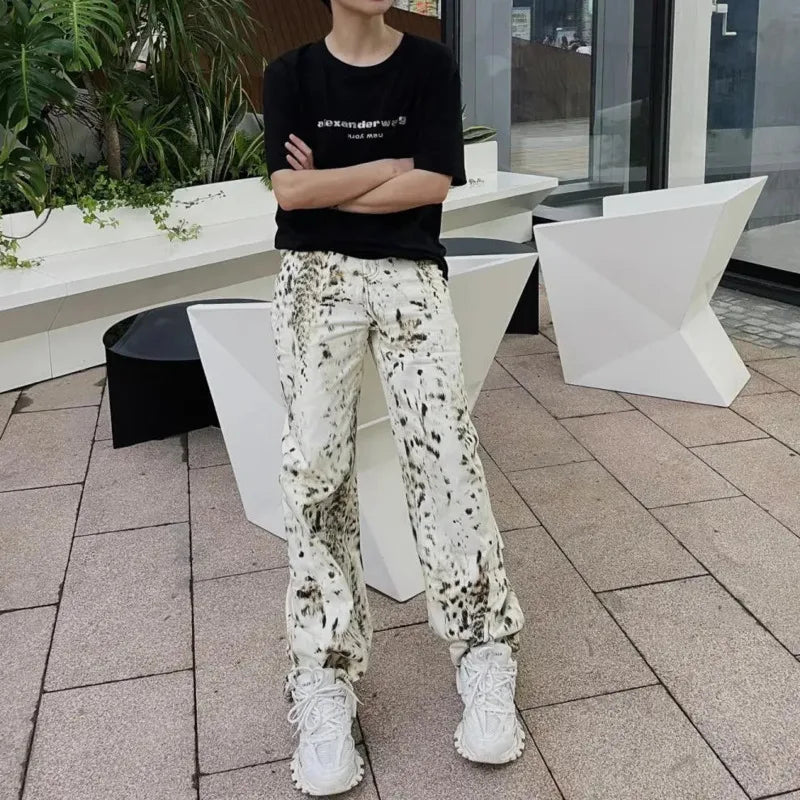LIZAKOSHT  -  Retro Leopard Printed Wide Leg Jeans Y2k High Waist Button Baggy Trousers Unisex Hip-hop High Street Loose Denim Pants For Women