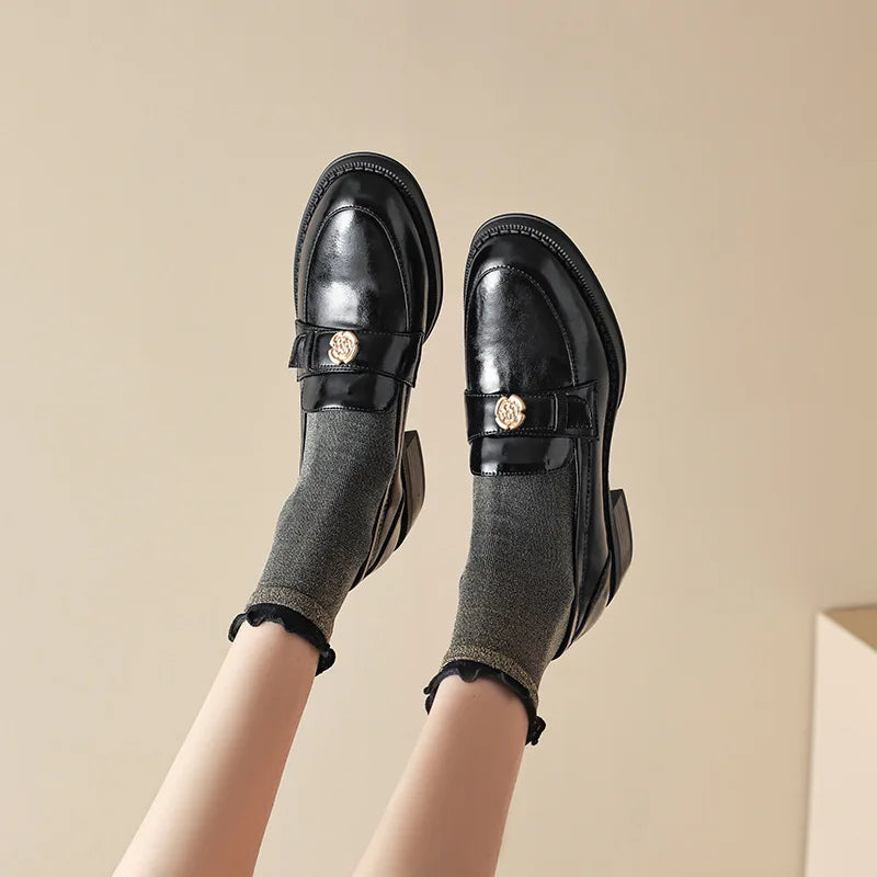 LIZAKOSHT  -  Women's British Shoe Autumn New Thick Heel Women Leather Shoe Versatile Anti Slip Women Casual Shoes Gold Buckle Women's Loafers