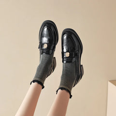 LIZAKOSHT  -  Women's British Shoe Autumn New Thick Heel Women Leather Shoe Versatile Anti Slip Women Casual Shoes Gold Buckle Women's Loafers