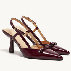 LIZAKOSHT  -  Women's Size 41 Elegant Burgundy Pointy Toe Slingback Pumps Summer Bowknot High Kitten Heels Black Office Lady Shoes
