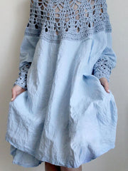 LIZAKOSHT  -  Elegant Dress for Women Solid Color Loose Fit Knee-Length Dress Hollow Out Patchwork Long Sleeve Dress Vestidos Femme