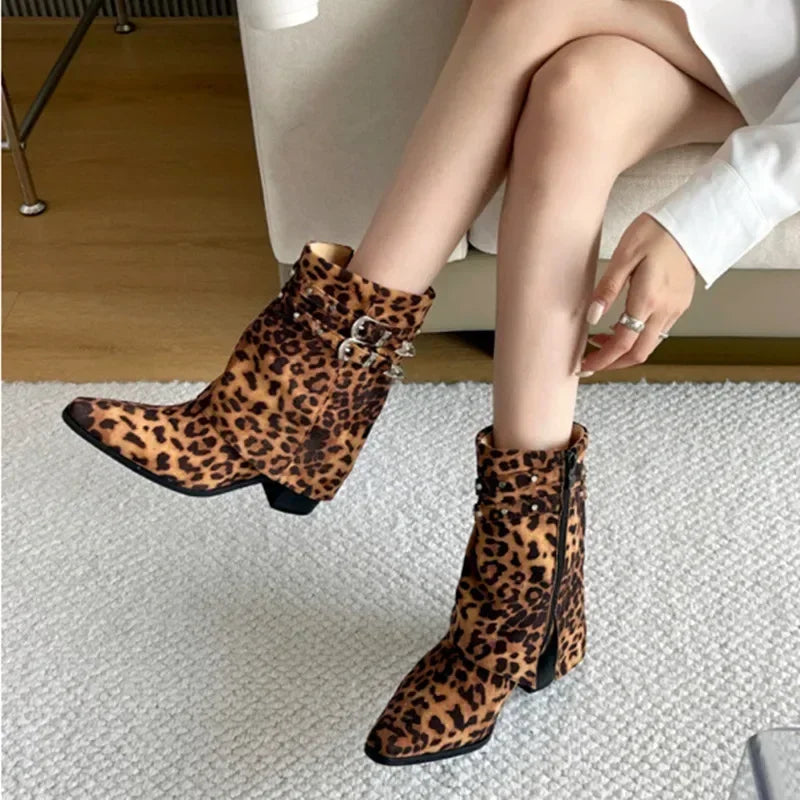 LIZAKOSHT  -  New Leopard Ankle Boots Women 2025 Sexy Pointed Toe Chunky Boots for Women Fashion Side Zip Belt Buckle Botines Winter Shoes