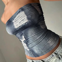 LIZAKOSHT  -  Fashion Imitation Denim Print Women Tube Top Y2K High Street Chic Fitted Sleeveless Crop Top Summer Sexy Tank Tops
