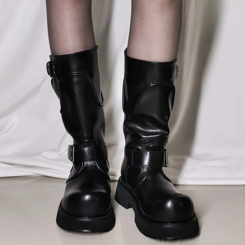 LIZAKOSHT  -  Brand New Big Size 42 Women's Punk Motorcycle Boots Street Black Big Toe Platform Square Heels Mid-calf Boots Buckle Belt Shoes