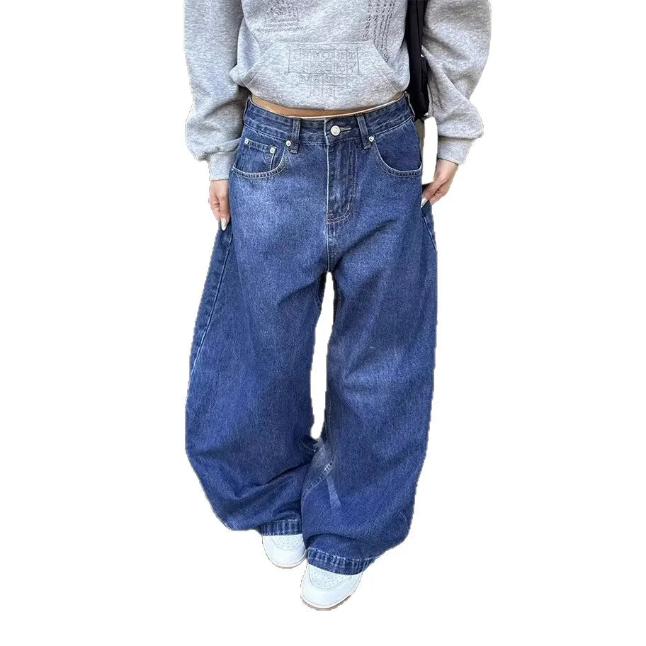 LIZAKOSHT  -  Washed American Style Wide Leg Jeans High Waist Straight Cut Commute Elegant High Quality Cotton Polyester Blend No Stretch