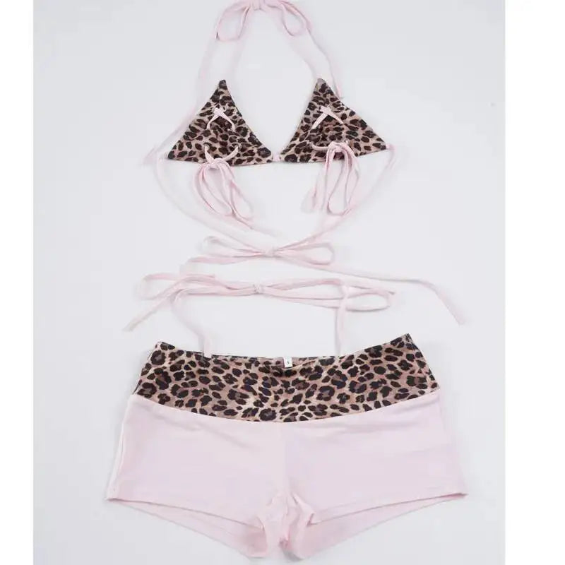LIZAKOSHT  -  Women Leopard Print Bikini Set With Neck Strap Bra Patchwork Contrasting Low Waist Shorts Two Piece Set Summer Sexy Beach Suit