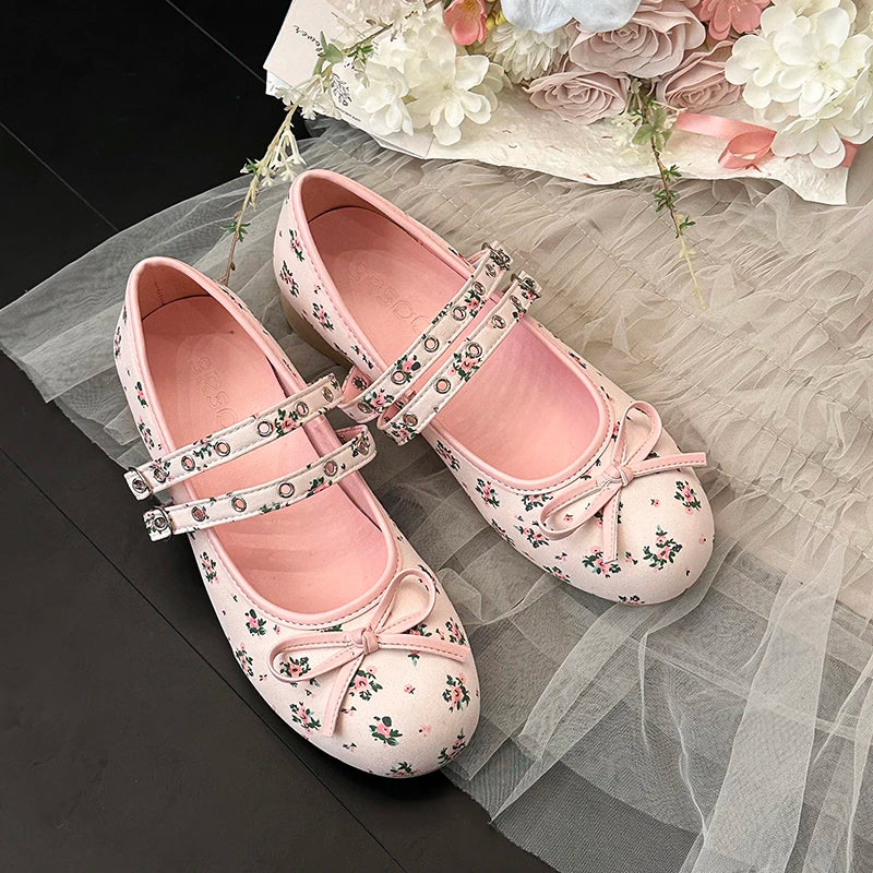 LIZAKOSHT  -  Lolita Style Sweet Low Heel Women Mary Jane Shoes Designer Buckle Strap Pumps Ladies Eelgant Floral Print Dress Leather Shoes