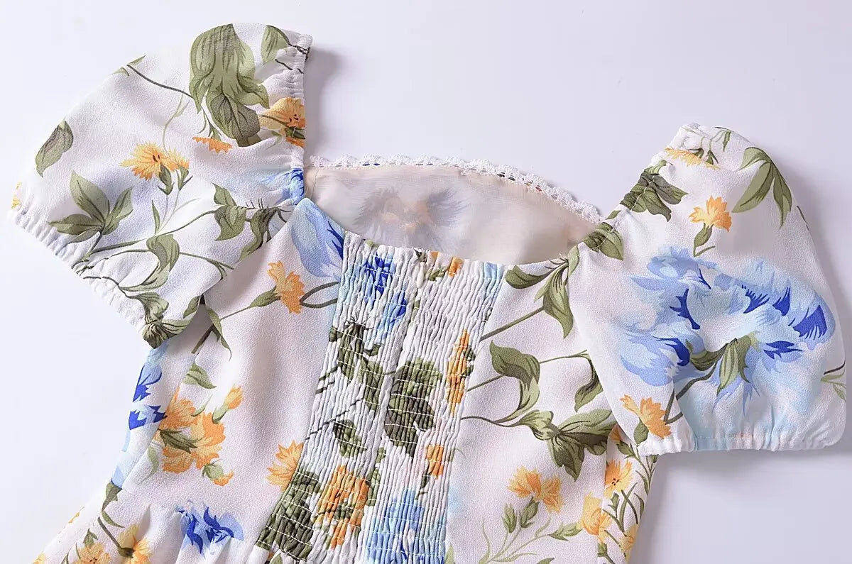LIZAKOSHT  -  Europe and America 2024 Summer New French Retro Floral Lace Tie Bow Short Sleeve Dress