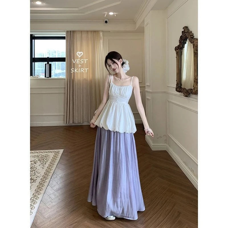 LIZAKOSHT  -  Y2K Vintage Two Piece Set Outfits Women Elegant Mini Skirt Casual Sleeveless Vest Korean Style Summer Beach Party Dress Sets