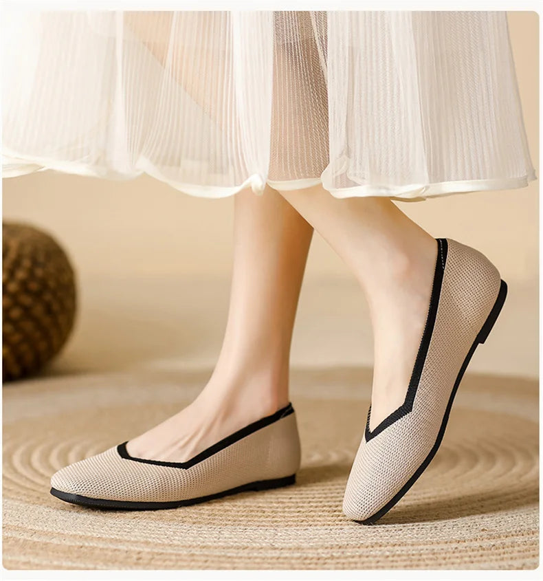 LIZAKOSHT  -  Women Spring Summer Comfort Fashion Knitting Fly Line Flat Shoes Luxury Shallow Mouth Square Toe Soft Sole Single Shoes