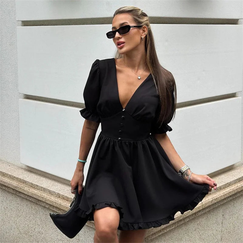 LIZAKOSHT  -  Deep V-neck Puff Sleeve Mini Dress Women Sexy High Waist Patchwork Button Fashion Slim Black A-line Club Party Dress