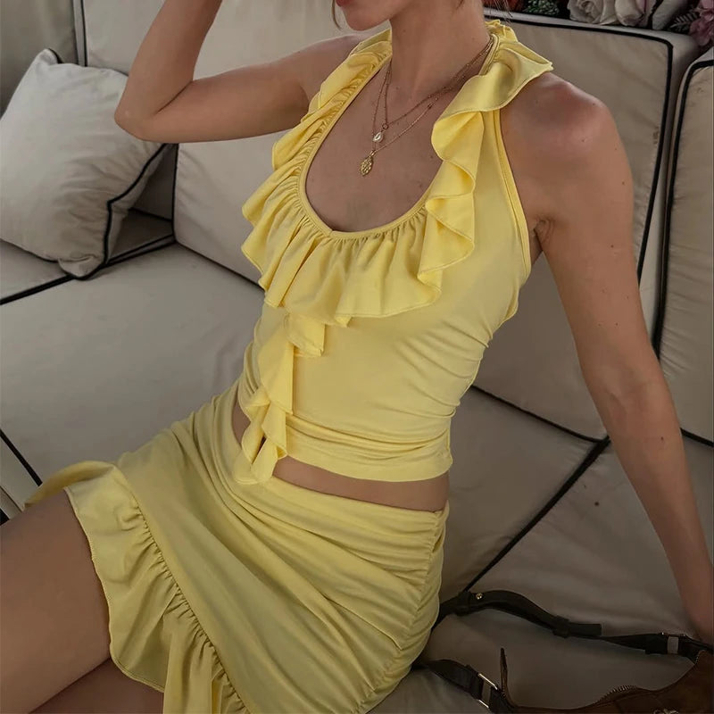 LIZAKOSHT  -  Yellow Layered Ruffles Skirt Set Women's Sexy Slim Fit Floral Edge Backless Halter Top Set 2025 Summer Vacation Street Outfit