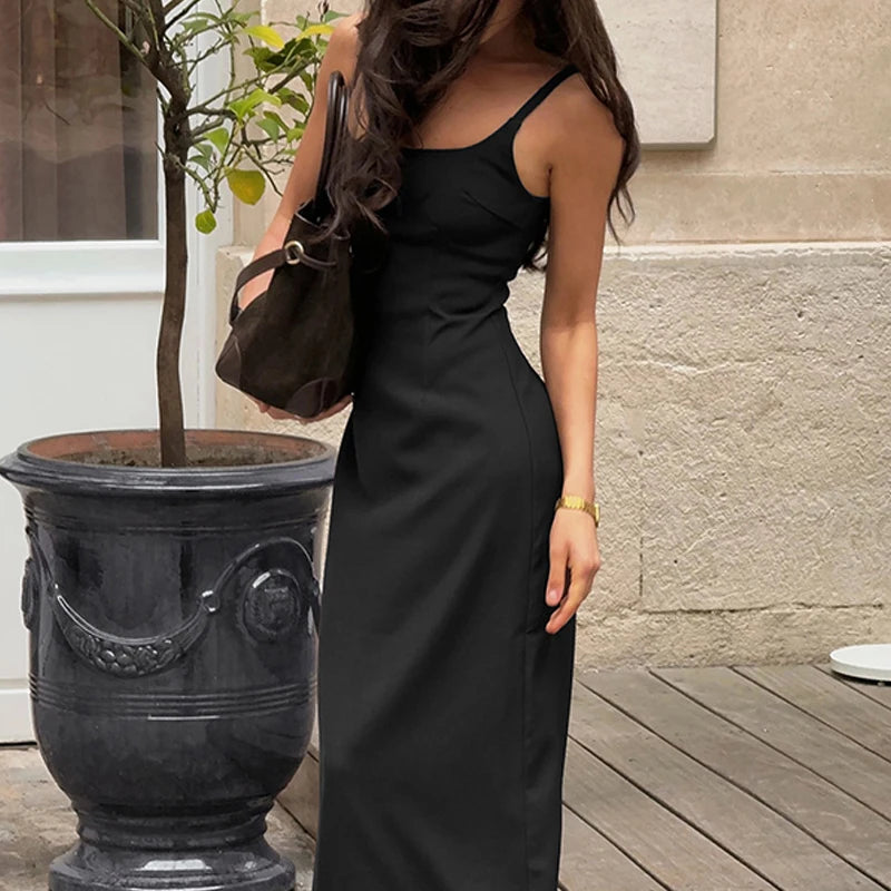 LIZAKOSHT  -  Temperament Minimalist Camisole Dress For Women Fashion Solid Color Sleeveless Backless Ruched Straight Slim Dress Clubwear