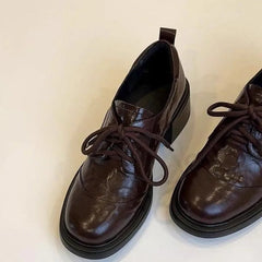 LIZAKOSHT  -  Shoes Women's British Style Retro Soft Leather Round Toe Lace Up Loafers for Commuting Versatile Thick Heeled Leather Shoes