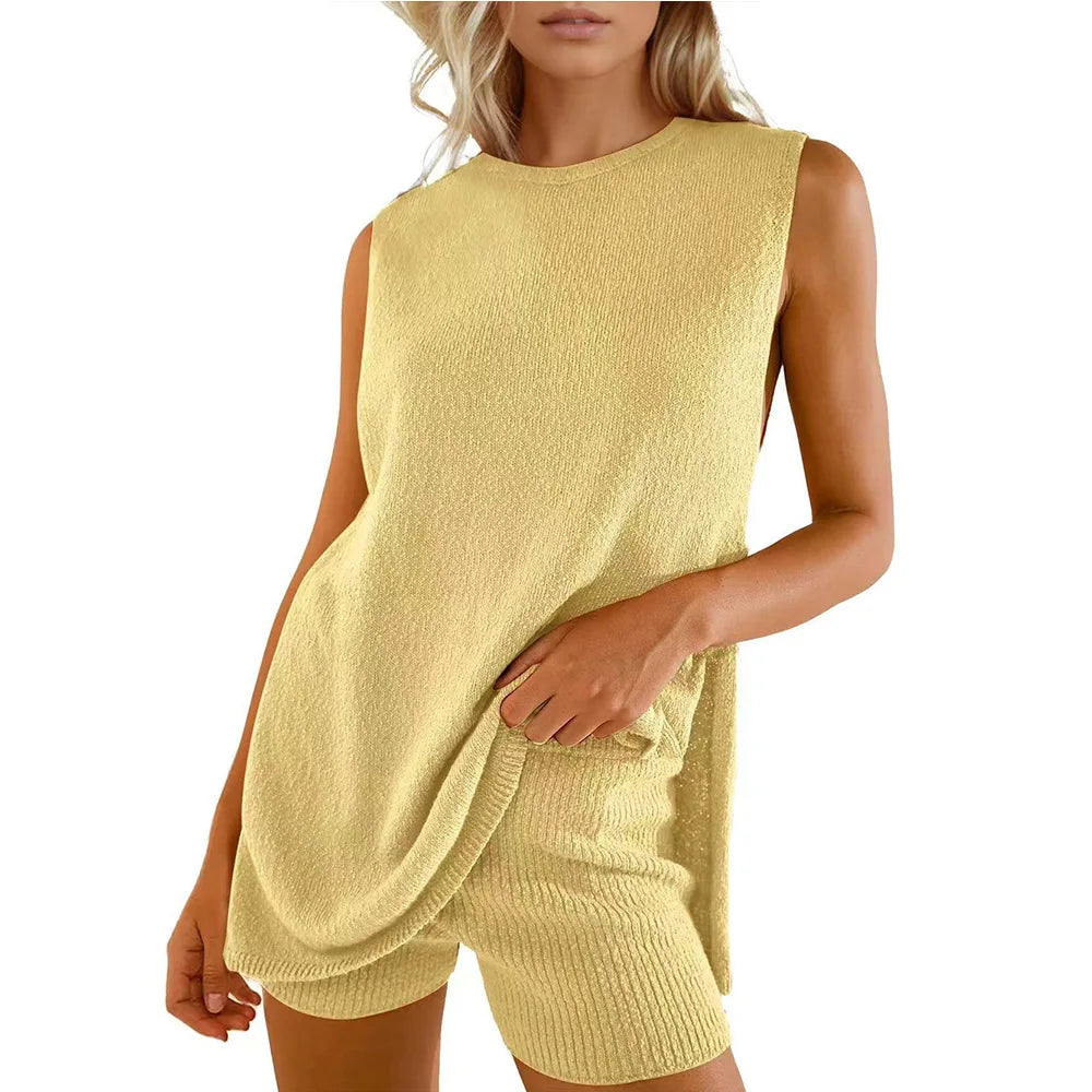 LIZAKOSHT  -  Women's Fashion Casual Knitted Sleeveless Shorts and Woolen Clothes Set