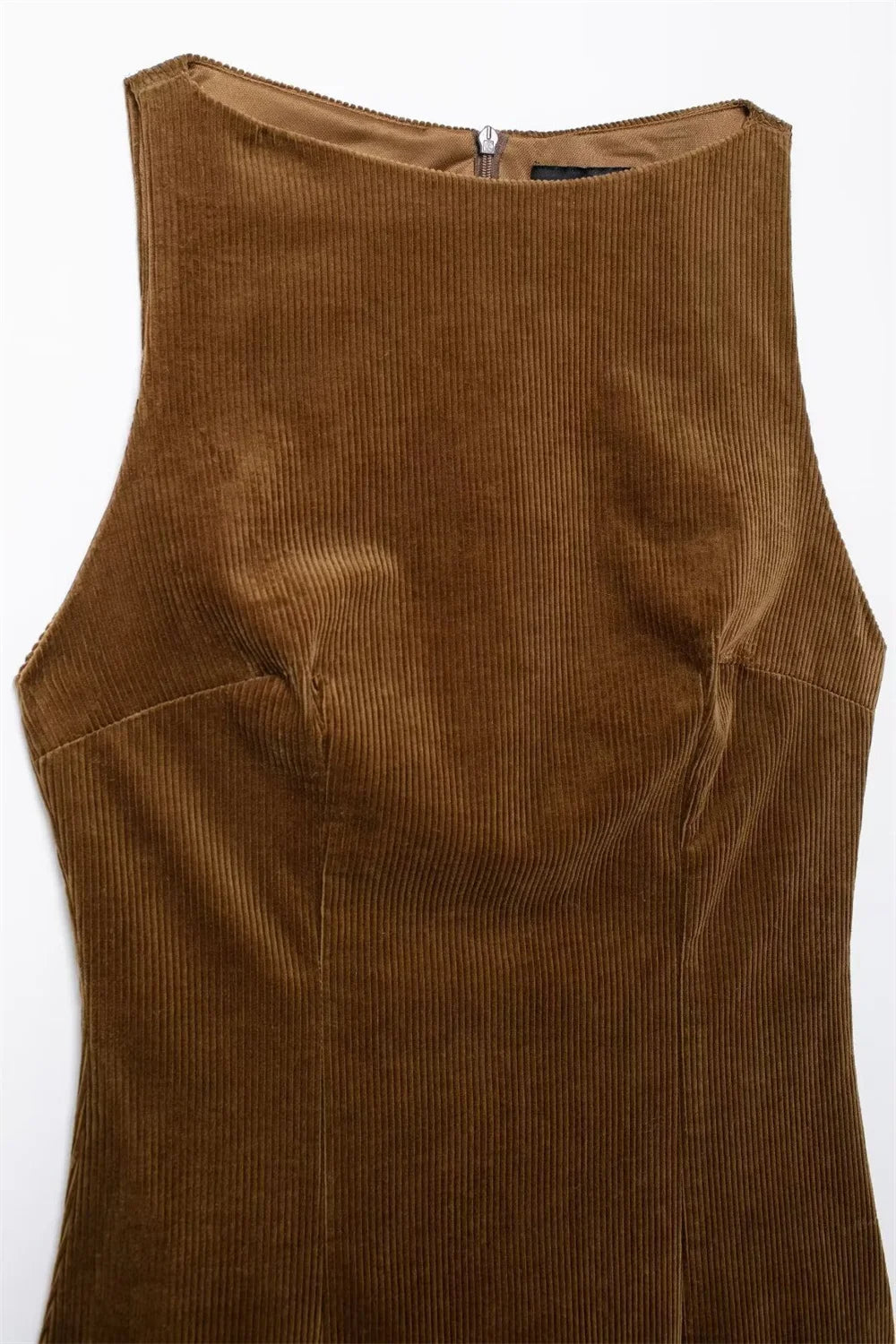 LIZAKOSHT  -  Fashion Brown Corduroy Mini Dress for Women Autumn Tank Sleeveless Belt Slim Short Dresses Ladies Streetwear